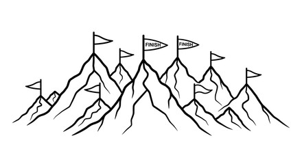 Mountain range peaks with finish flags representing success and achievement