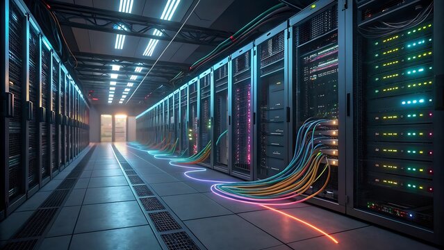 Modern data center server room with glowing colorful cables and racks of equipment - Powered by Adobe