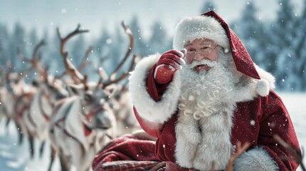 Santa claus in a sleigh with reindeer waving his hand in a snowy winter wonderland landscape scene - Powered by Adobe