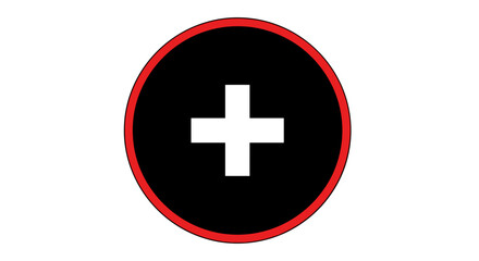 Simple black circle containing white plus sign and thin red outline.