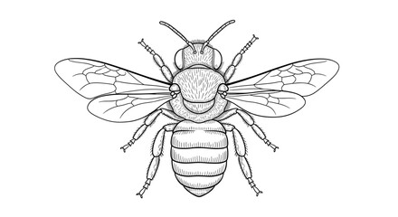 Detailed line drawing of a honeybee viewed from above showcases insect anatomy