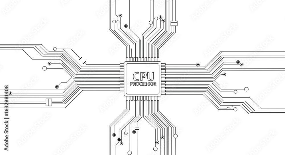 Poster cpu processor circuit board network on white background technology