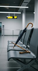 Empty seats, umbrella and walking stick