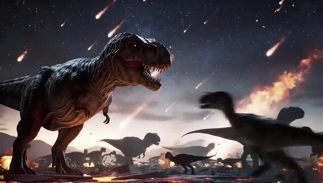 A dramatic scene of dinosaurs during an asteroid impact running, with a Tyrannosaurus Rex in the foreground, in the style of a cinematic, hyperrealistic 