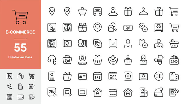A collection of 55 minimalist line art icons for e-commerce. Vector symbols for online shopping, web design, and digital storefronts.