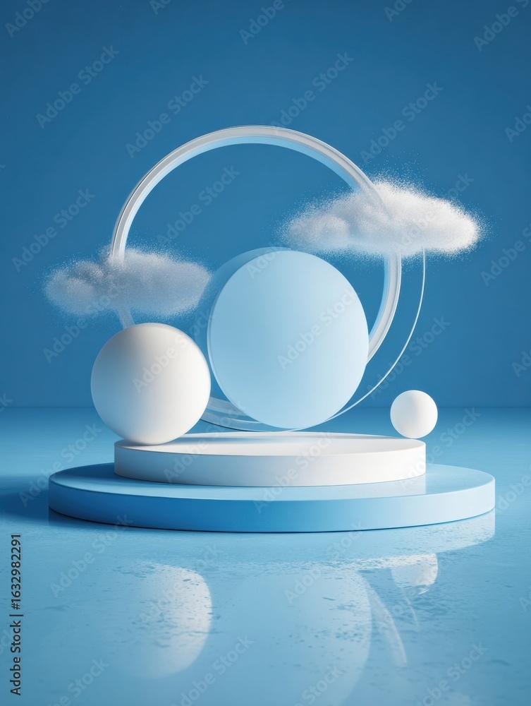 Poster modern abstract design featuring blue spheres and clouds in a minimalistic setting on a reflective s