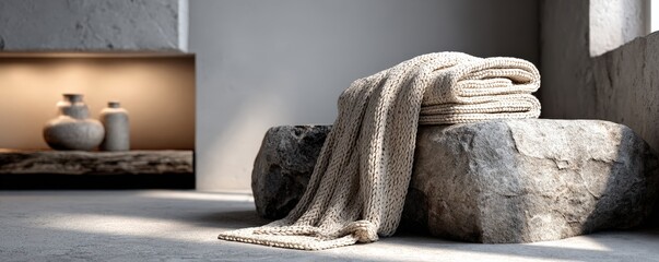Chunky Knit Blanket on Stone in Minimalist Room