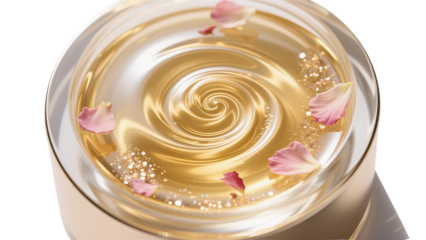 The transparent PNG with golden liquid vortex and flower petals represents a luxurious nourishing experience, which is used for the promotion of beauty essence and fragrance products.