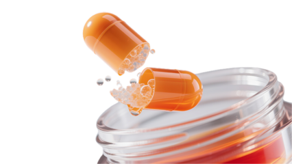The transparent PNG with broken orange capsules releasing particles represents the release of nutrients and is used in the promotion of health and oral beauty products.