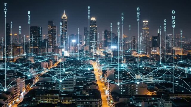 A night city skyline overlaid with blue glowing network lines Highrise buildings with alphanumeric labels are visible