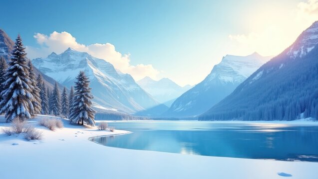 Winter wonderland landscape with snow-covered mountains and a serene lake.