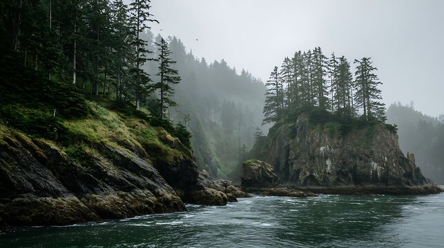 Misty pacific northwest coastline with evergreen forest and rocky shoreline