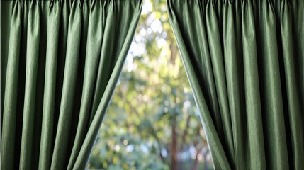 Elegant green curtains framing a bright, natural view outside, creating a serene atmosphere.