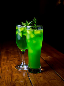 Refreshing Green Drink: Two glasses filled with a vibrant green beverage stand on a rustic wooden surface, creating a compelling composition in a dimly lit setting.