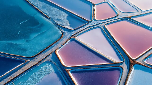 Aerial view of colorful salt pans with geometric patterns