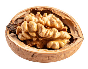 Fototapeta premium A close-up view of a cracked walnut, revealing the edible kernel inside isolated on transparent background.