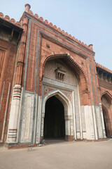 Low angle view of the imposing entrance to the Jama Masjid mosque in Old Delhi, India, showcasing...