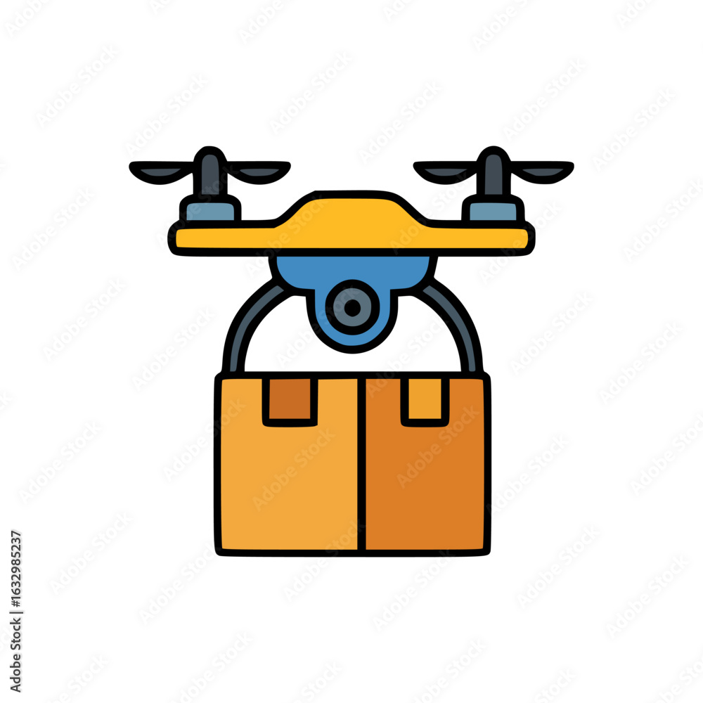 Poster smart flying drone with camera transporting package for futuristic contactless delivery service and 