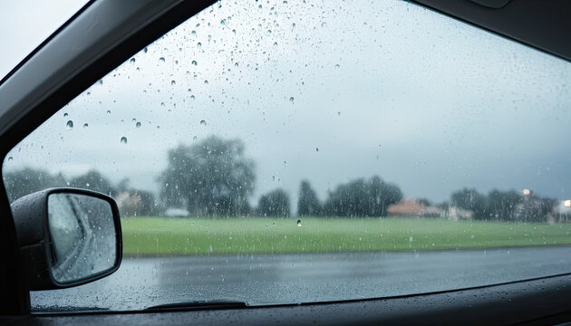Raindrops on a car window with a blurred view of a rainy field and distant buildings, capturing a quiet and introspective driving moment during wet weather

