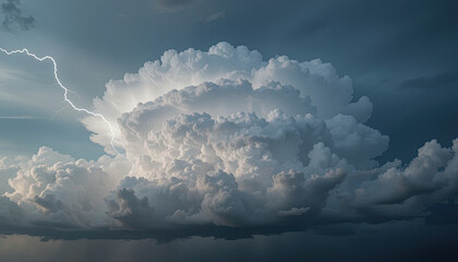 Massive supercell thunderstorm with lightning bolt striking beside towering cumulonimbus cloud, showcasing powerful natural phenomenon under moody sky atmosphere
