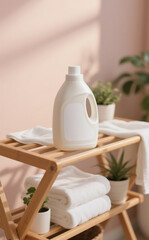 Home laundry concept with a blank liquid detergent bottle mockup on a wooden shelf with fresh towels and plants.