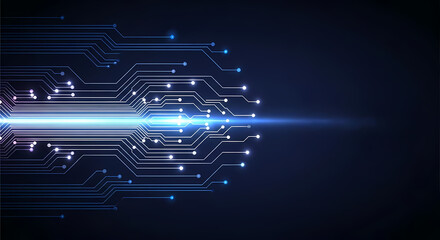 A futuristic vector background with glowing circuit lines and a radiant flare at its center. This digital art piece symbolizes technology, data networks, and innovation.