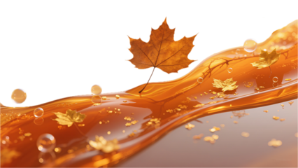 A transparent PNG of maple leaf floating amber fluid, representing a romantic autumn style, used for fragrance and seasonal limited edition product promotion scenes.
