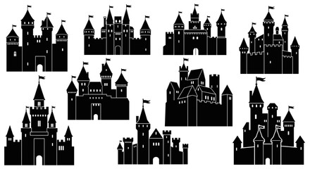 Fototapeta premium Fantasy Castles: An Array of Imaginative Black and White Kingdom Silhouettes