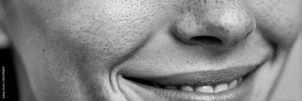 Poster close-up view of smiling face showing natural skin texture in monochrome with clear bottom space for