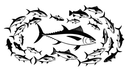Obraz premium Tuna school encircling a large specimen, a monochrome vector illustration.