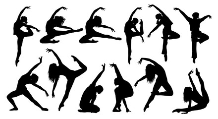 Graceful silhouette dancers striking various dynamic poses against white background