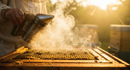 Beekeeper using smoker to calm bees during honey harvesting in sunlight