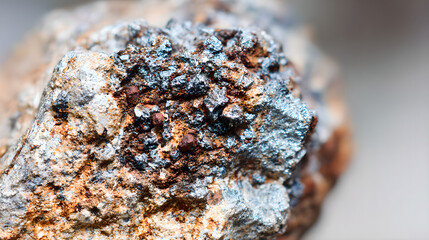 Fototapeta premium Raw rare earth mineral crystals on the weathered crust of yellow brown granite exhibit metallic reflections, showcasing strategic mineral resources and industrial clean energy materials.