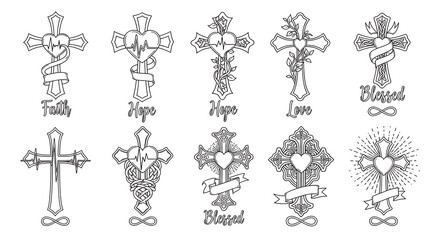 Detailed Christian Cross Tattoo Designs with Hearts and Banners