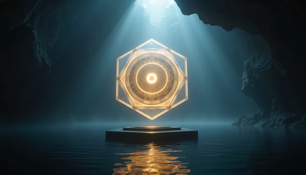 A glowing hexagonal artifact levitates over a pedestal in a dark, watery cave, illuminated by a divine beam of light from above. - Powered by Adobe