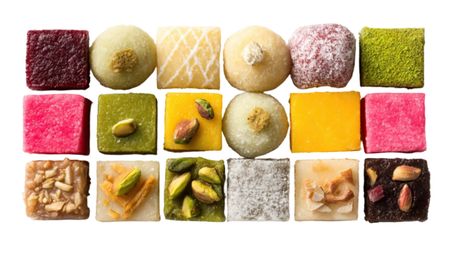 Assorted Indian Sweets Including Laddoo Kaju Katli on Transparent Background

