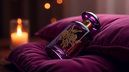 A purple perfume bottle with gold floral design resting on a purple pillow with a candle in the background