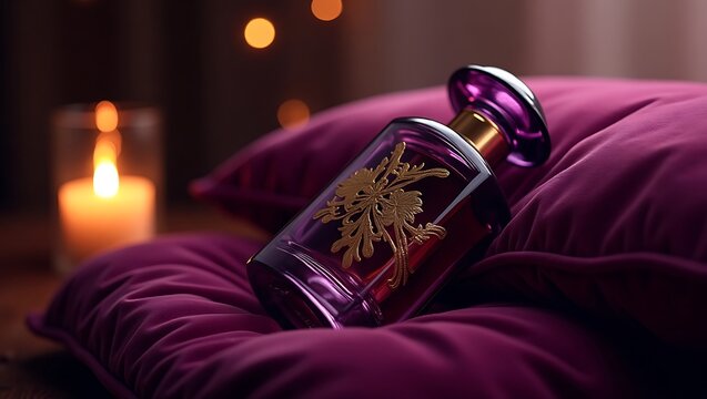A purple perfume bottle with gold floral design resting on a purple pillow with a candle in the background