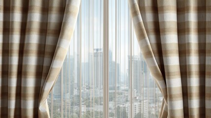 Fototapeta premium Light streams through checked curtains, revealing a city view beyond with tall buildings and a bright sky.