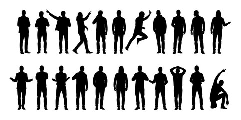 A diverse collection of black silhouettes of people in full-body poses—standing, jumping, gesturing. Ideal for infographics, signage, presentations, and inclusive design projects.