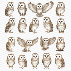 A collection of charming hand-drawn brown owls in various poses, including standing and with wings spread.