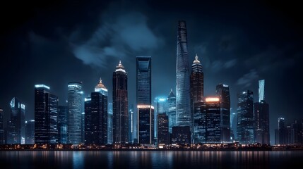 Naklejka premium Vibrant cityscape at night with illuminated skyscrapers reflecting on still water under a dark cloudy sky