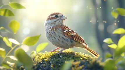 Fototapeta premium Sunlit Sparrow Perched on Mossy Branch Amidst Green Foliage in Serene Nature Scene