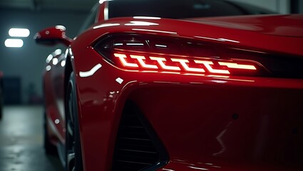 Close up view of a vibrant red car showcasing its sleek design and modern led headlights detailing