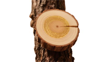 Transparent PNG with golden rings embedded in sliced logs, representing the fusion of nature and luxury, used in high-end cultural and creative, and wooden luxury display scenes.