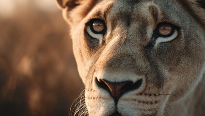 Intense gaze of a wild lioness reveals raw power and untamed beauty in a close-up portrait bathed in the warm glow of the African savanna.