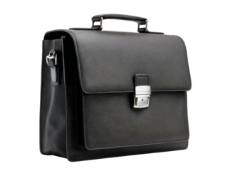 Classic black leather briefcase business professional attache case, Isolated On White, Transparent Background, Png Cut Out