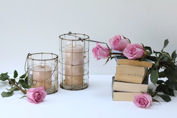 Candles on the table, romantic evening, pink roses, flowers, free space