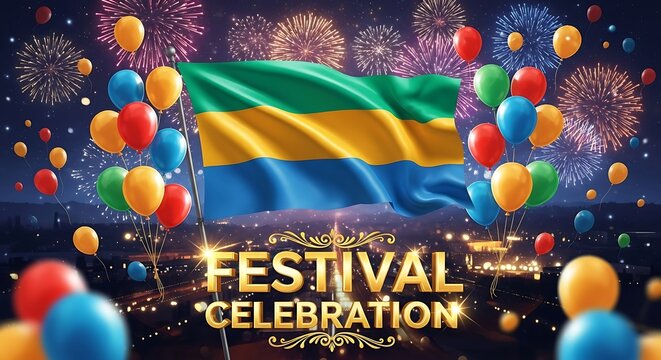 Gabon Independence Day: Festive Night Celebration with Fireworks and Balloons