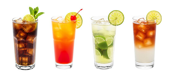 Cuba Libre, Rum Punch, Caipirinha, Dark and Stormy cocktail transparent PNG set bundle, isolated background. Colorful vibrant refreshing summer cocktails with garnish, bar menu drinks